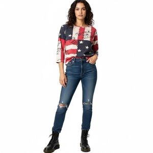 Vintage Graffiti Distressed Flag/Slogans Print Silk-Cotton Top 3/4 Sleeves L